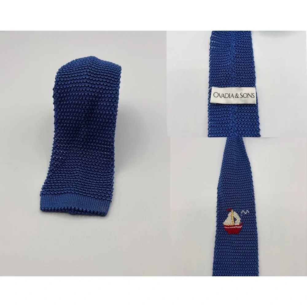 Ovadia & Sons Square Knit Tie Mens Blue Silk Sailboat Nauitcal Made In Italy
